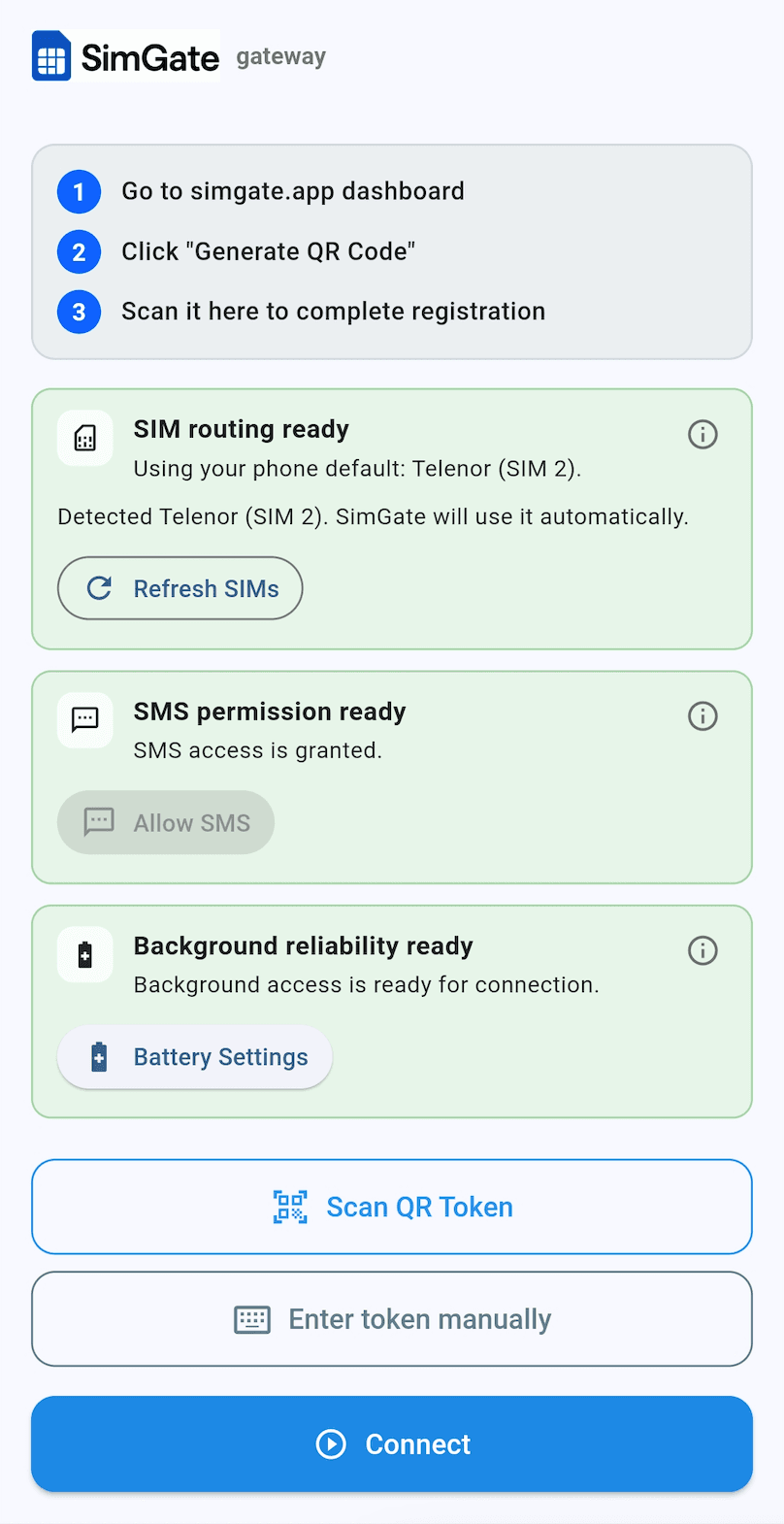 SimGate Gateway mobile app showing a properly connected Android device ready to send and receive SMS